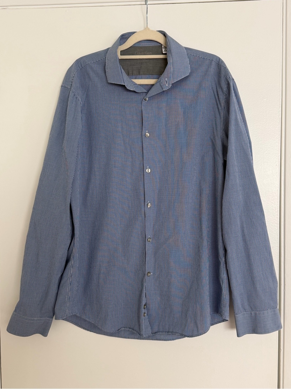 Calvin Klein Men’s Blue White Gingham Shirt Thick Collar Size 16 34/35